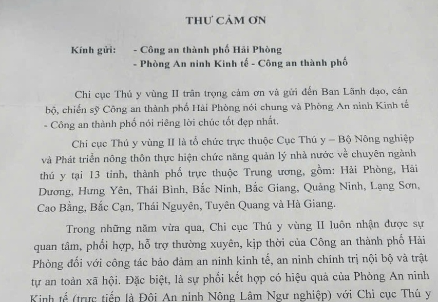Chi cục Thú y vùng II gửi thư cảm ơn Phòng An ninh Kinh tế